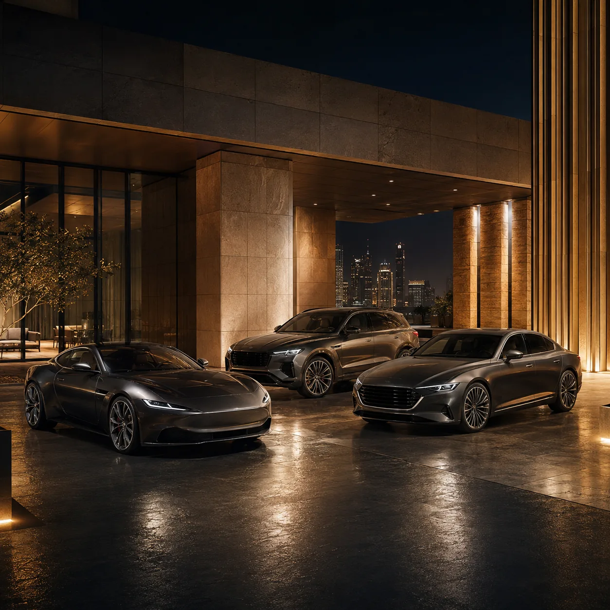 Luxury cars in a contemporary international showroom