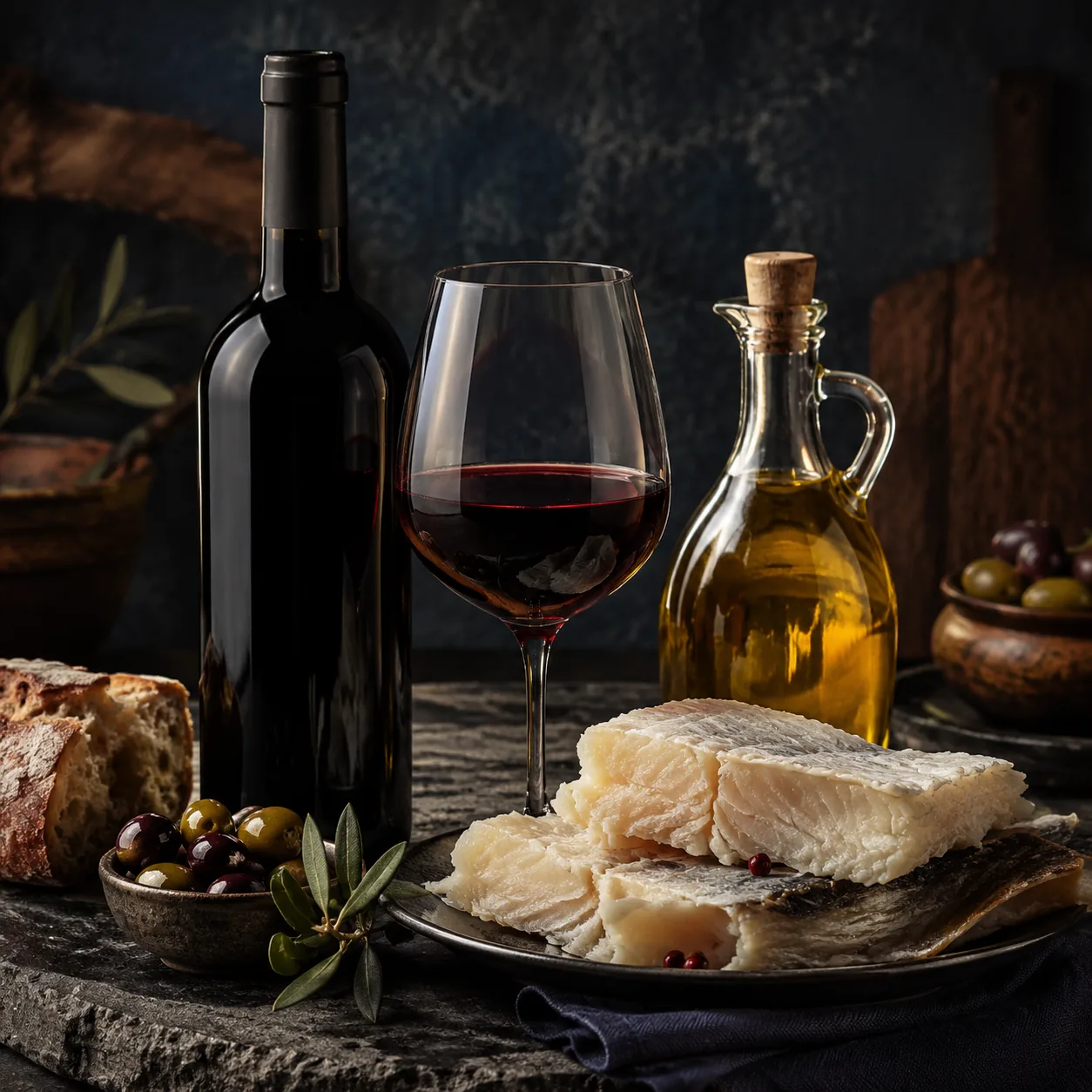 Portuguese wine, olive oil and salted cod gourmet selection
