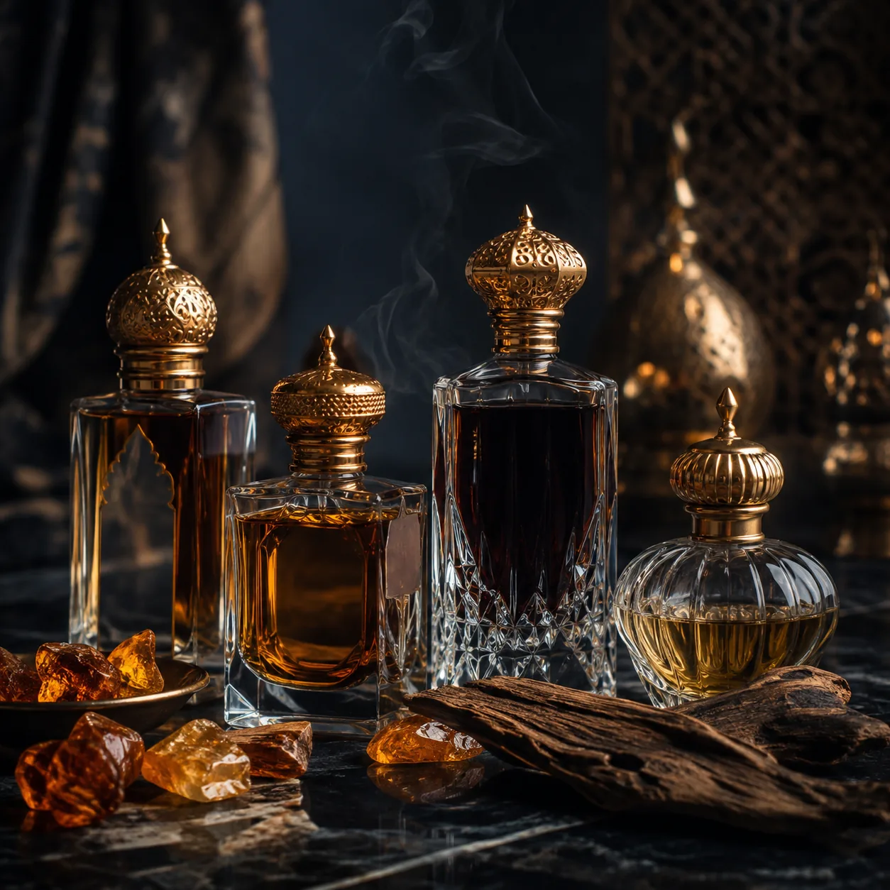 Arabic perfume bottles with oud and amber in a luxury setting