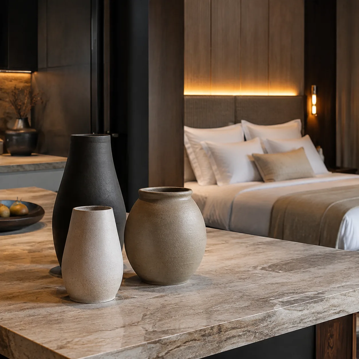 European hospitality interior with designer ceramics, bed linen and marble