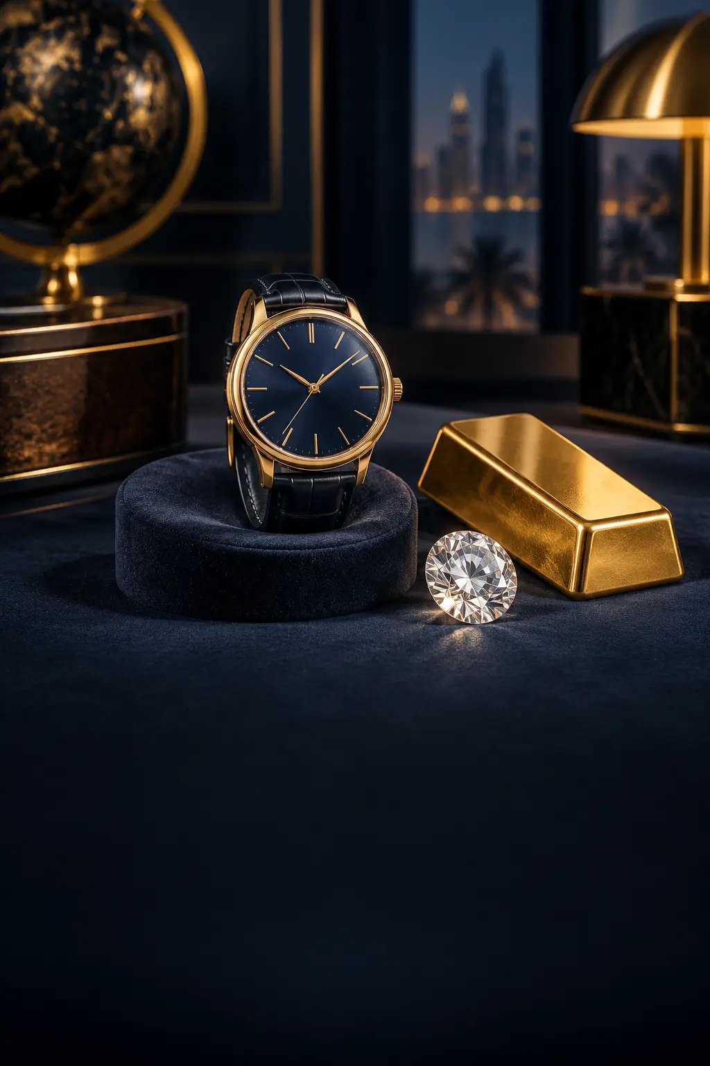 Diamond, gold and luxury watch composition representing luxury assets